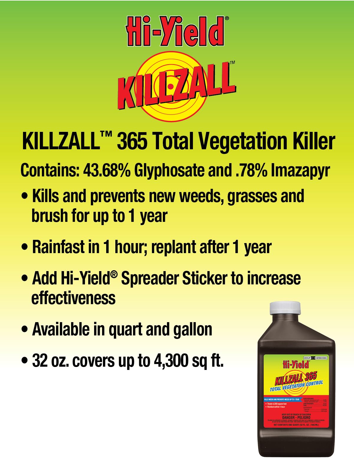 Hi-Yield Killzall 365 spray application for brush and vine control in non-lawn areas.