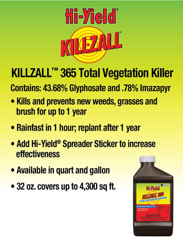 Hi-Yield Killzall 365 spray application for brush and vine control in non-lawn areas.