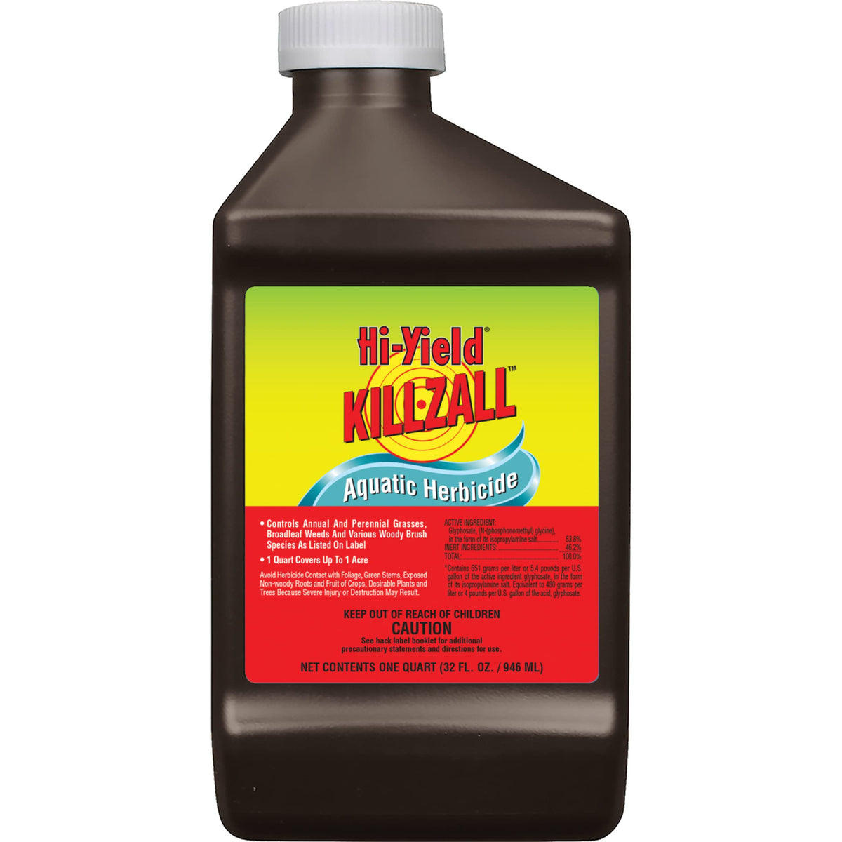 Hi-Yield Killzall aquatic herbicide bottle targets pond weeds in wetlands and non-crop areas.