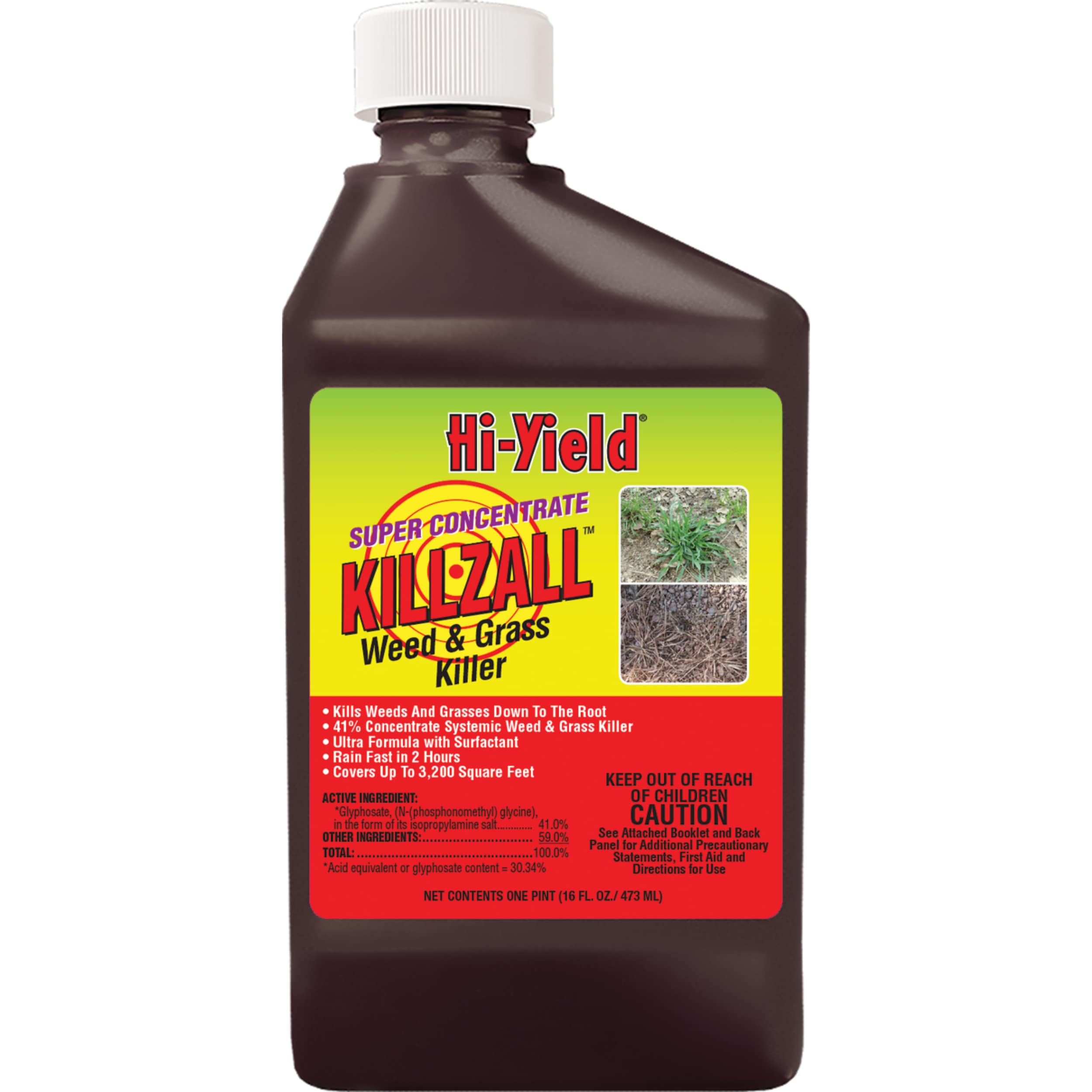 Hi-Yield Killzall weed killer bottle with label, ready for outdoor weed control