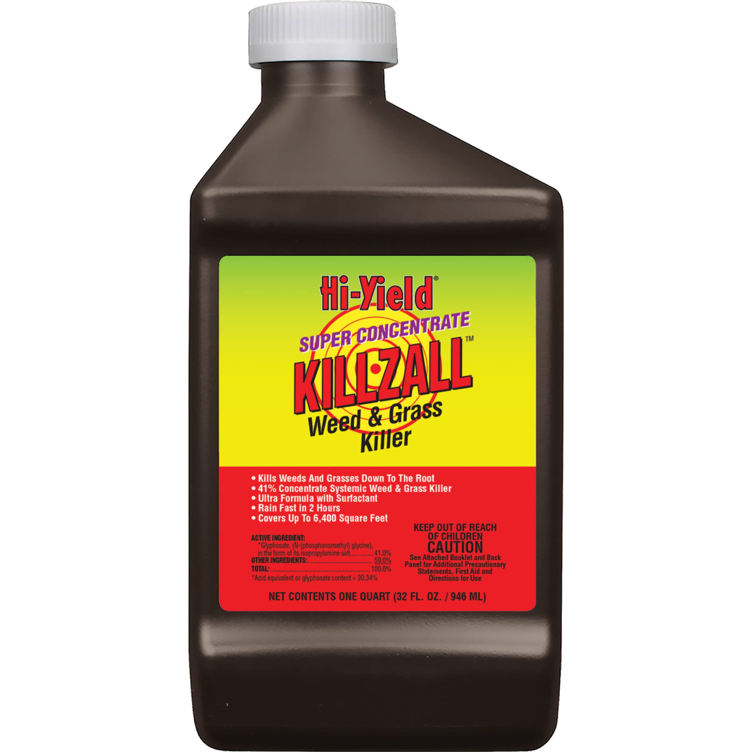 Hi-Yield Killzall weed killer bottle 32 oz with concentrated formula for fast action.