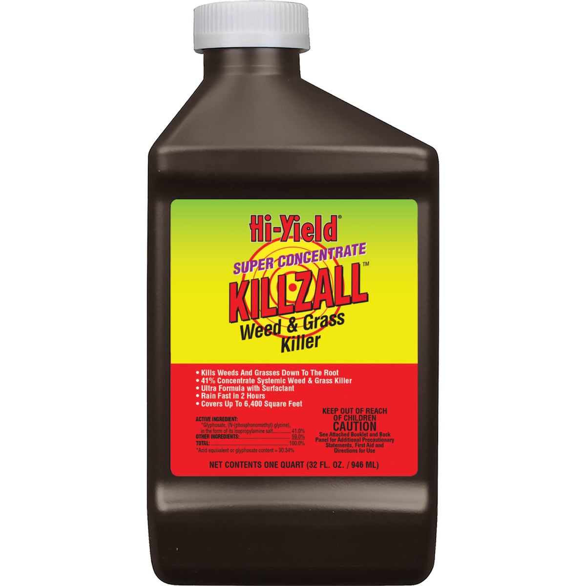 Hi-Yield Killzall weed killer bottle 32 oz with concentrated formula for fast action.