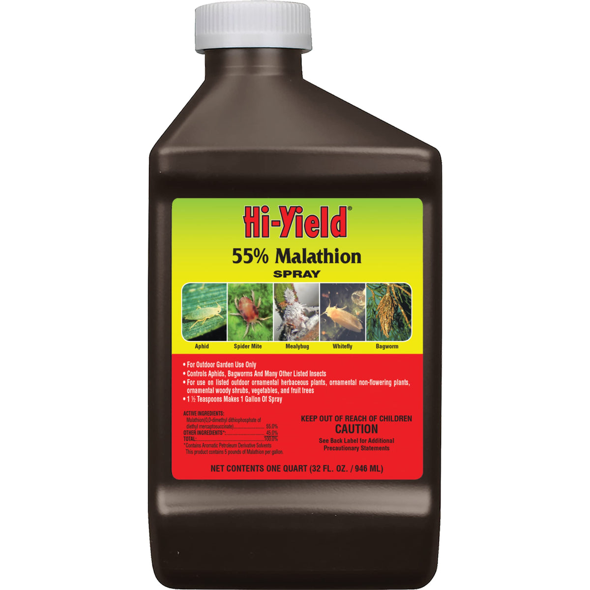 Hi-Yield Malathion Spray 32oz bottle helps control aphids and mites on garden plants.