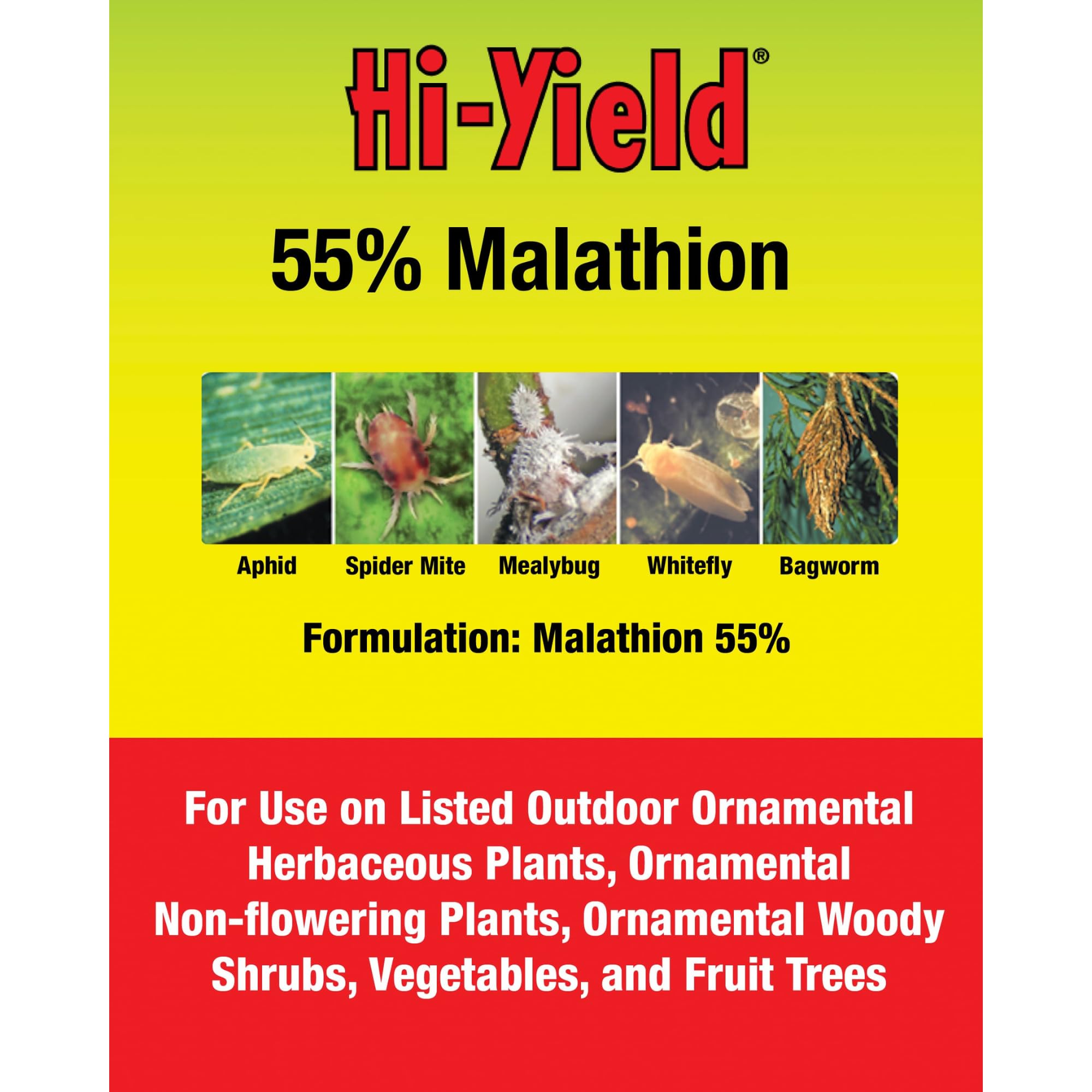 Hi-Yield Malathion Spray application on plants protects foliage during dry, calm days.