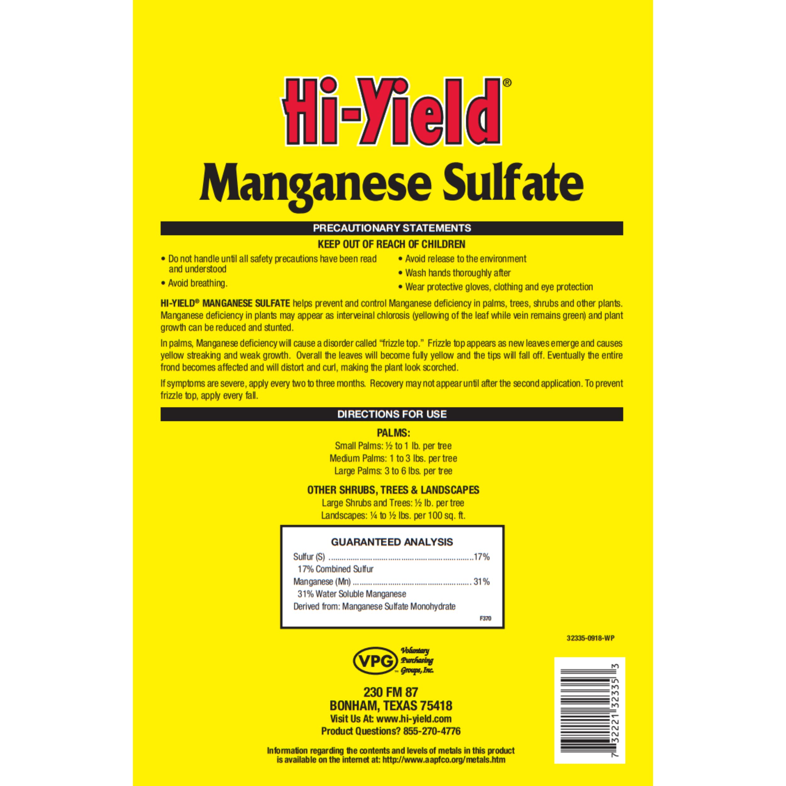 Hi-Yield Manganese Sulfate granules ready-to-apply formula for boosting tree and shrub leaf color.