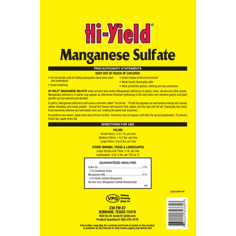 Hi-Yield Manganese Sulfate granules ready-to-apply formula for boosting tree and shrub leaf color.