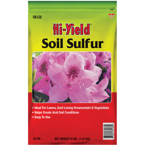 Hi-Yield Soil Sulfur bag showing pellets for lowering soil pH and improving acid-loving plants.