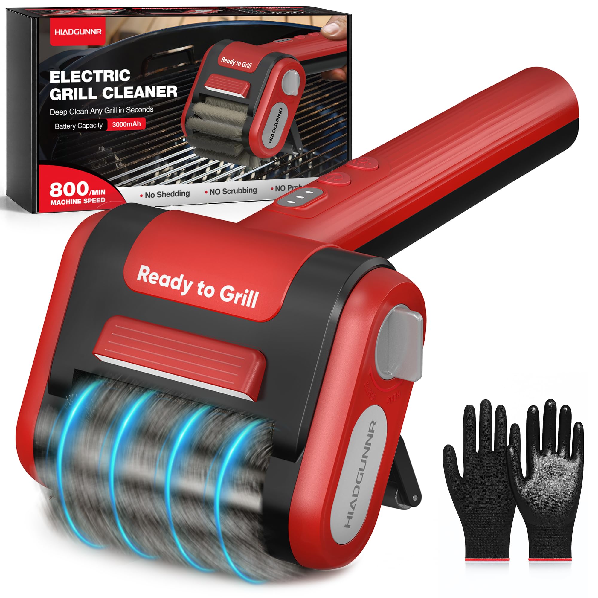 HIADGUNNR electric grill brush with LED light illuminating grill grates for easy cleaning