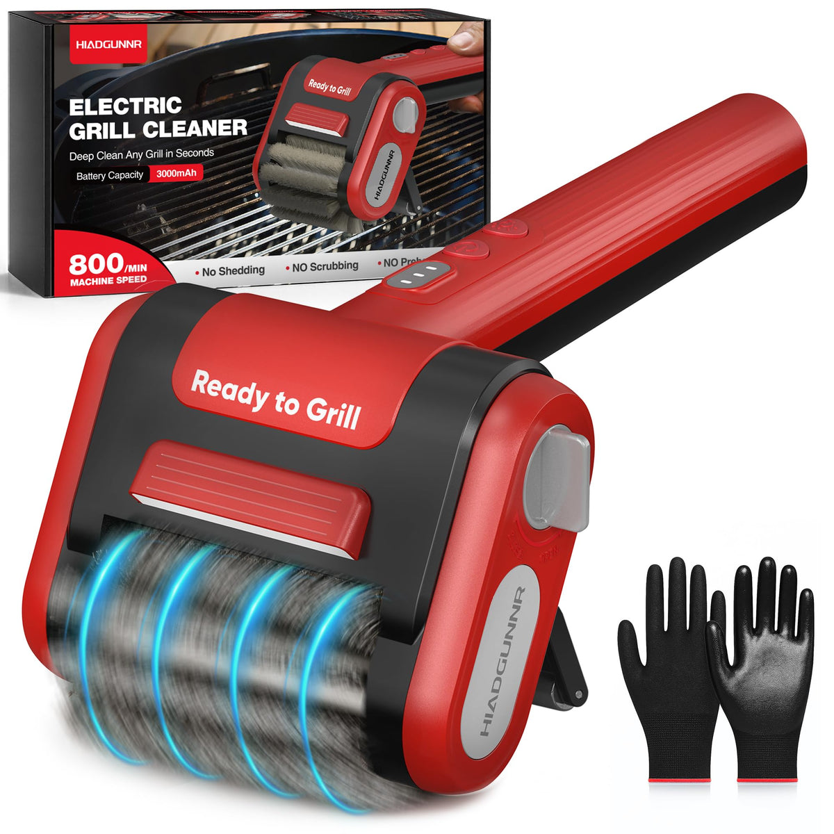 HIADGUNNR electric grill brush with LED light illuminating grill grates for easy cleaning