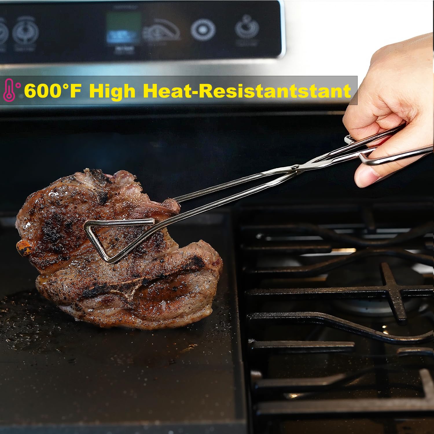 Hiash 11-inch tongs turning foods on the grill with ease.