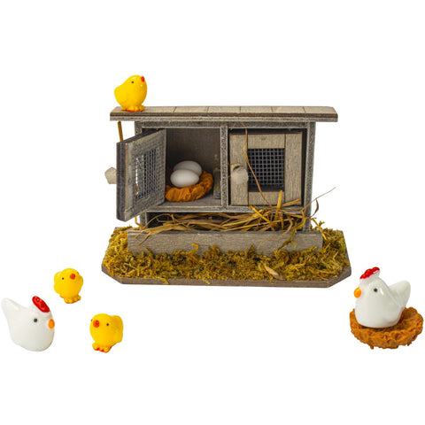 Hiawbon miniature retro wooden chicken coop scene with chick figures for miniature gardens.
