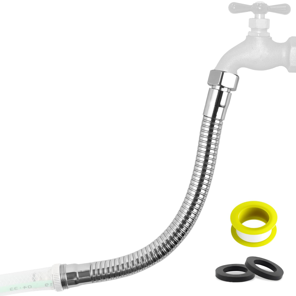 Hibbent all-metal hose protector chrome safeguards fittings during outdoor watering.