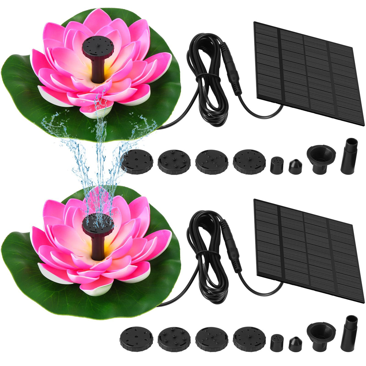 Hiboom 2-pack solar water fountain in sunlight ideal for bird baths and ponds.