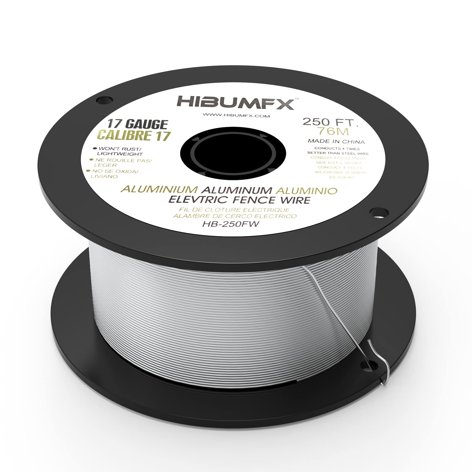 HIBUMFX spool of aluminum fence wire 250 ft, 17 gauge, ready for outdoor fencing.