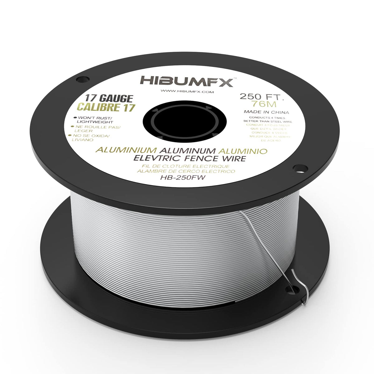 HIBUMFX spool of aluminum fence wire 250 ft, 17 gauge, ready for outdoor fencing.