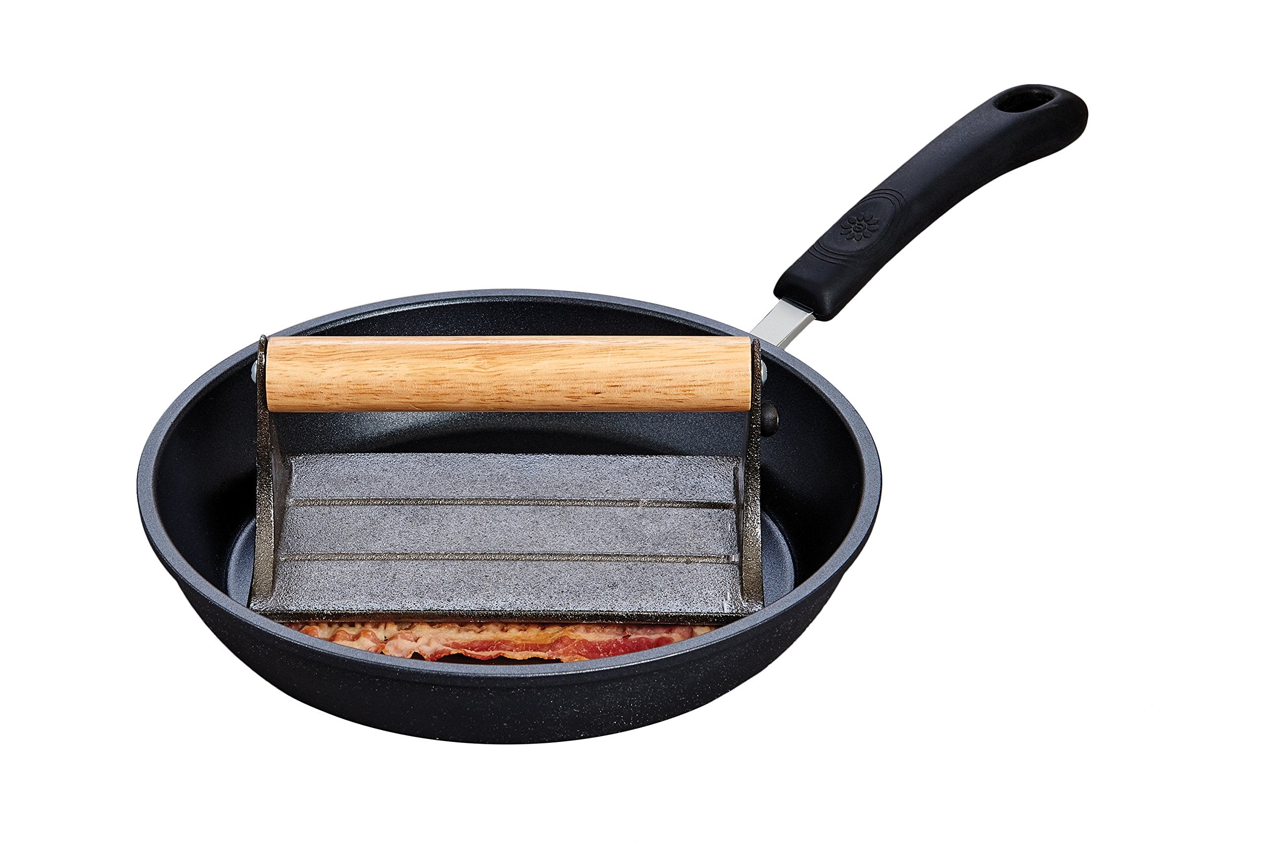 HIC Kitchen rectangular press evenly distributes heat for crisp bacon on a griddle.