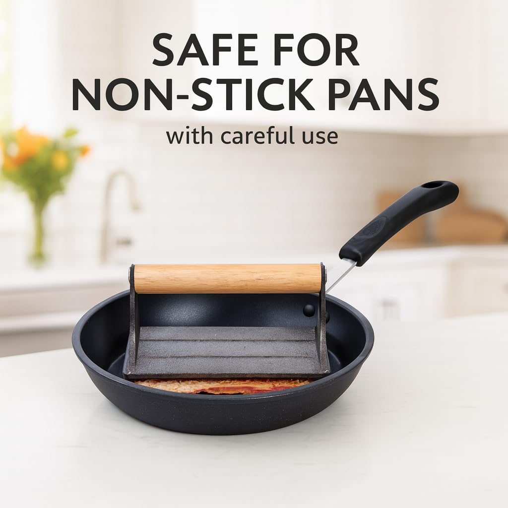 HIC Kitchen Bacon Press used on a griddle for paninis and grilled cheese with flat, crisp edges.