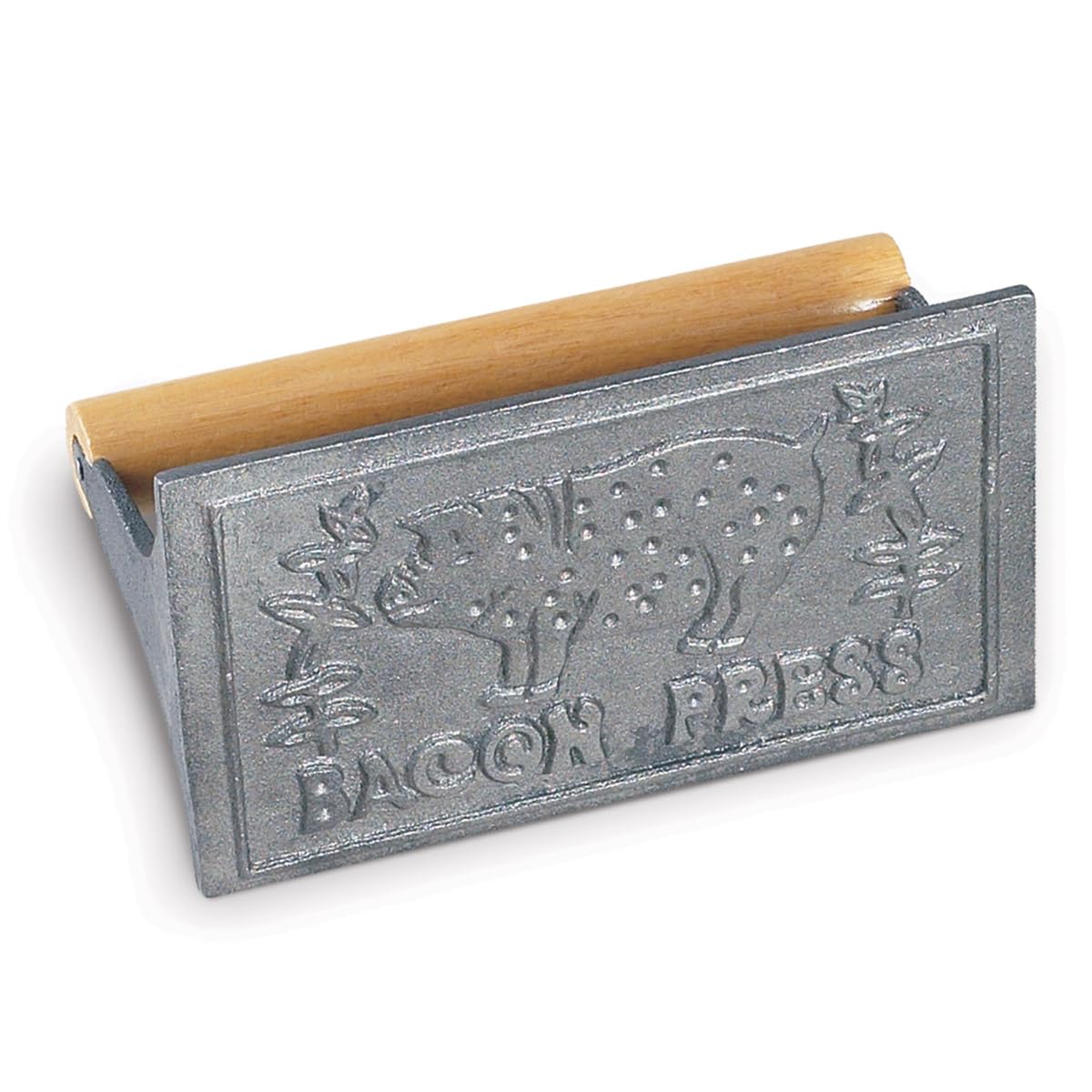 HIC Kitchen Bacon Press with rectangular wooden handle for even bacon cooking.