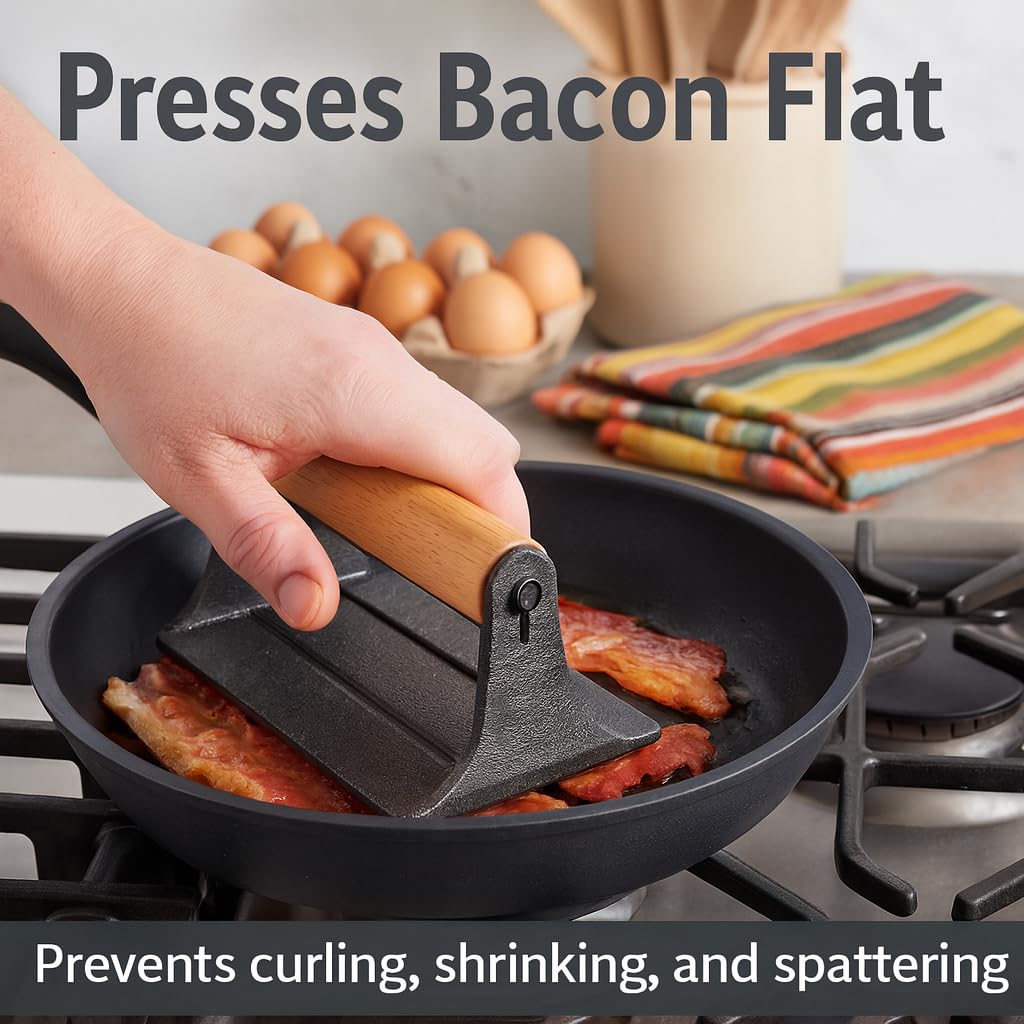 HIC Kitchen Bacon Press creates restaurant-style sear marks on burgers and sandwiches.