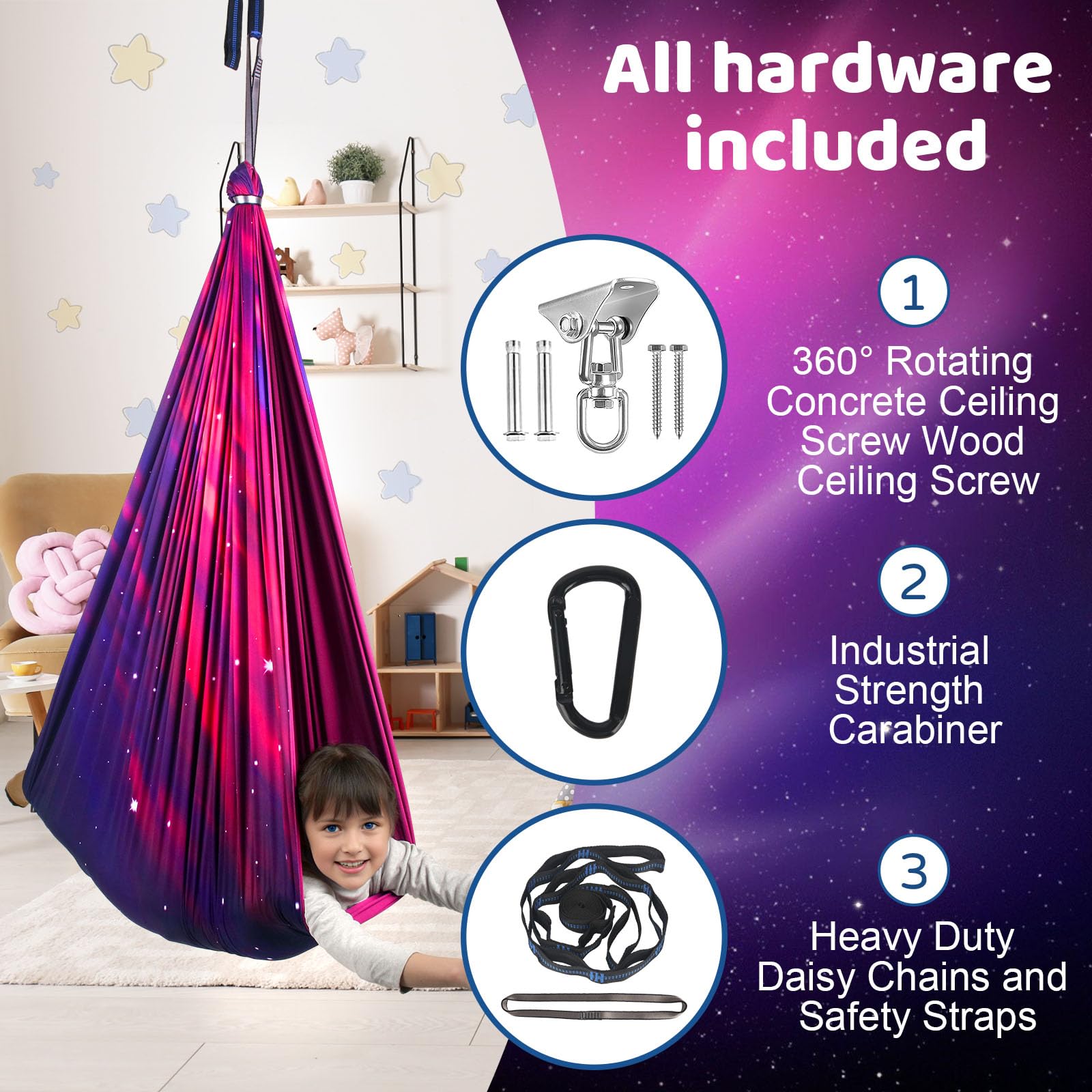 HiCamer Galaxy Purple sensory swing cover adds cozy aesthetics and protects fabric