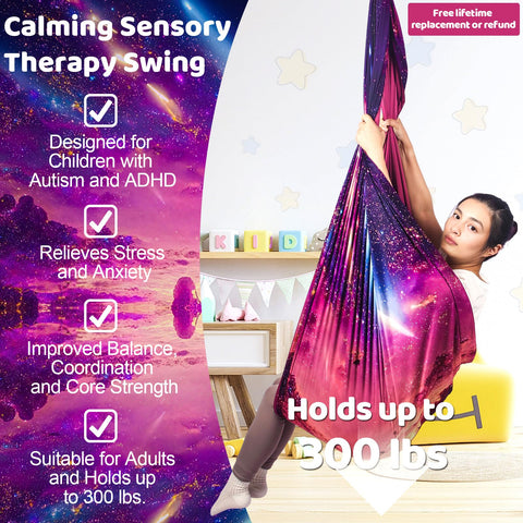 HiCamer sensory swing showing 360° swivel hanger for versatile angles