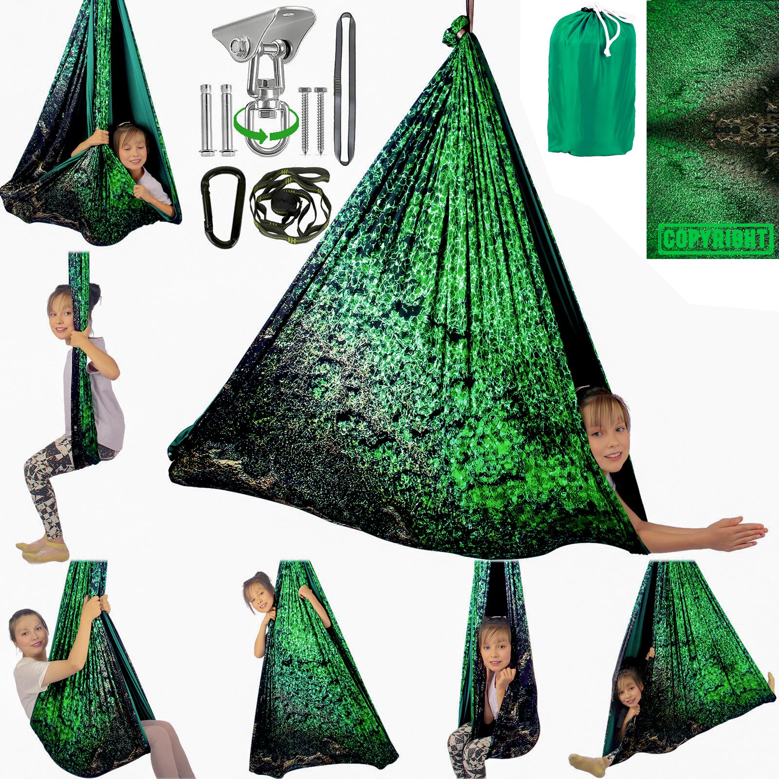 HiCamer Sensory Swing crystal green close-up shows durable double-layer fabric for daily use