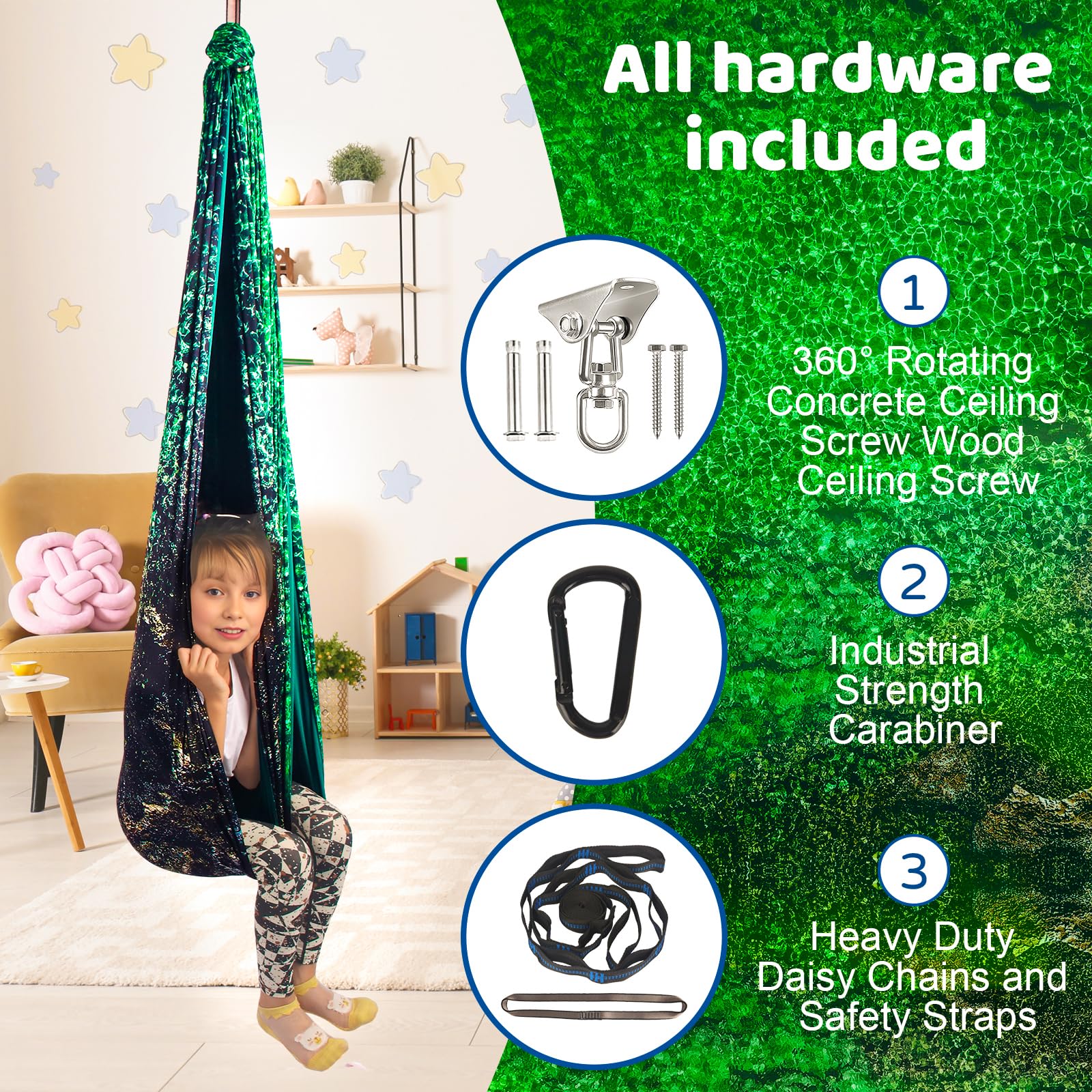 HiCamer Sensory Swing includes hardware and accessories for easy hanging