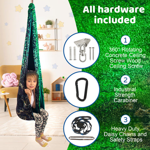 HiCamer Sensory Swing includes hardware and accessories for easy hanging