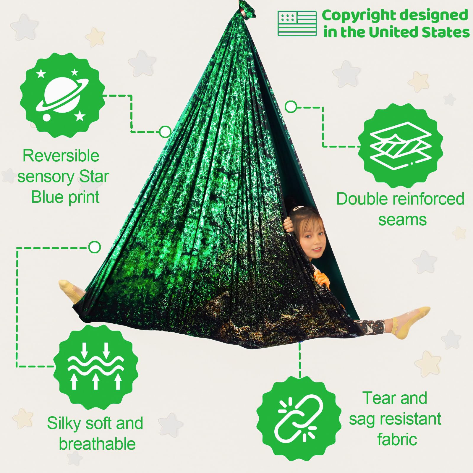 HiCamer Sensory Swing indoors and outdoors in crystal green setup