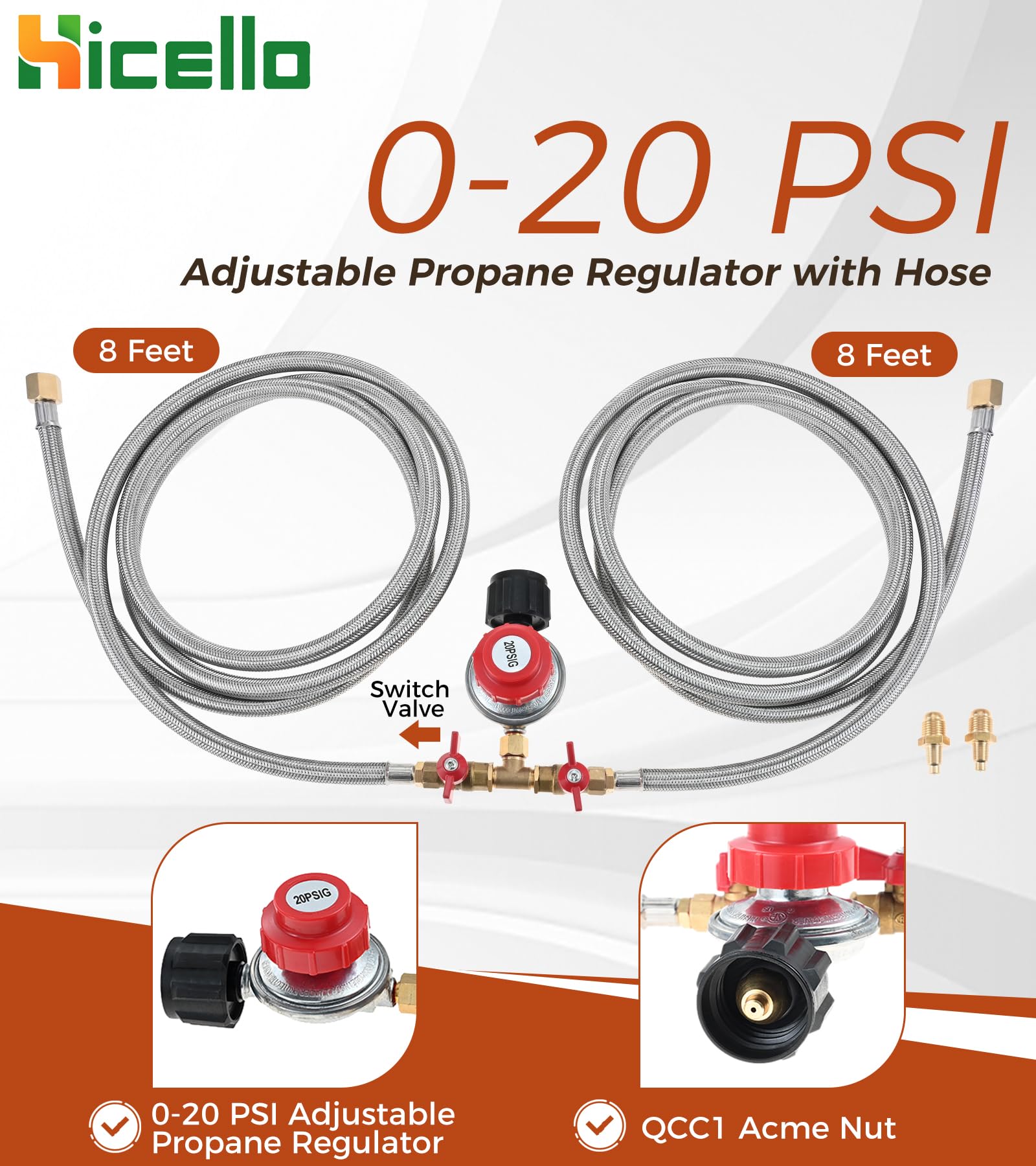 Hicello 8ft Y-splitter hose with dual-burner reach for outdoor setups.