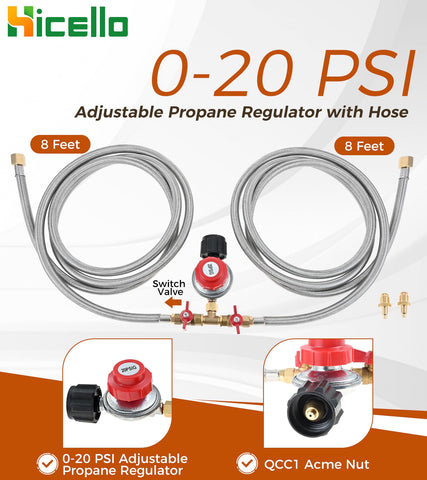 Hicello 8ft Y-splitter hose with dual-burner reach for outdoor setups.