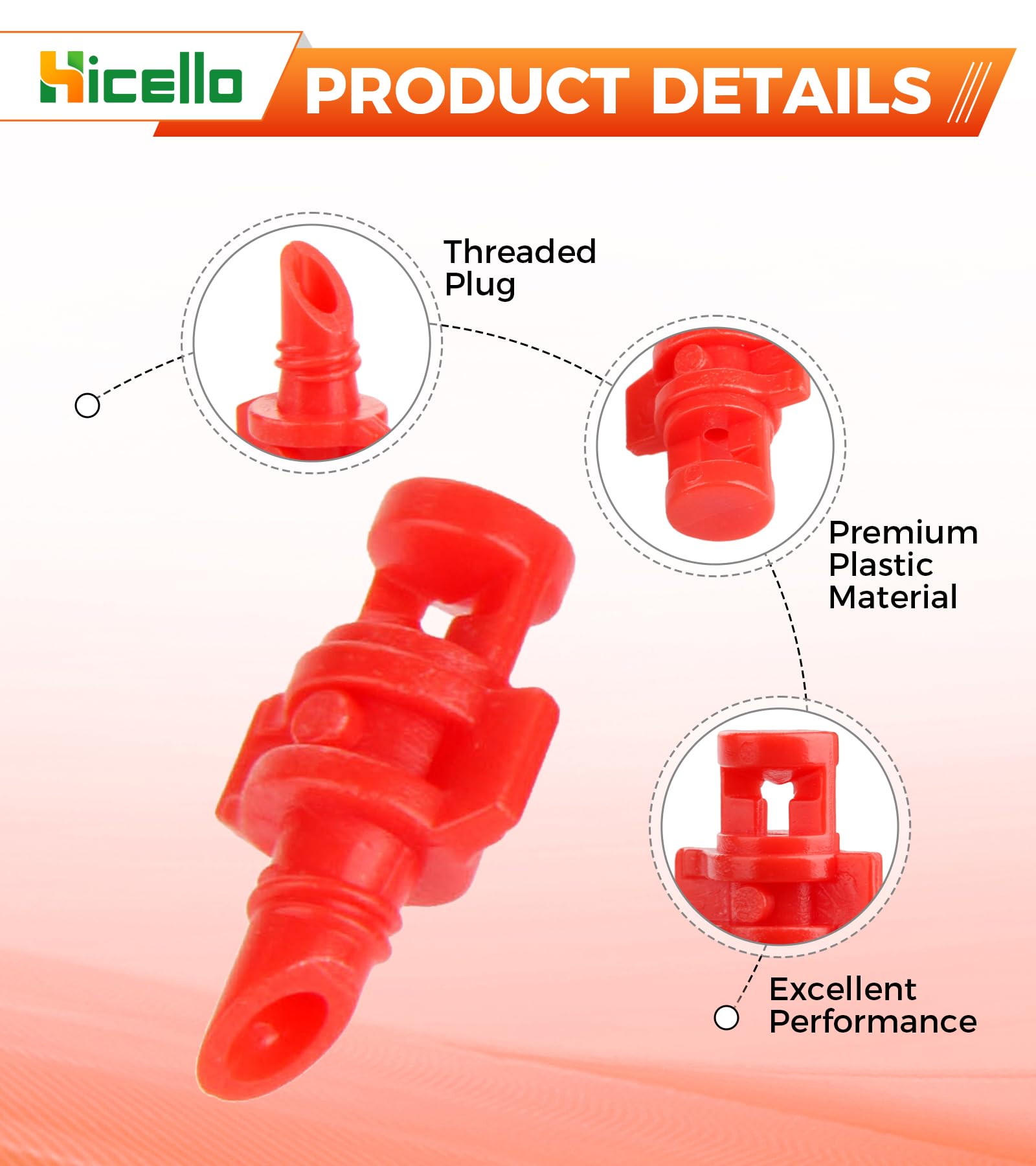 Hicello plastic sprinkler body emphasizes durability for outdoor use.