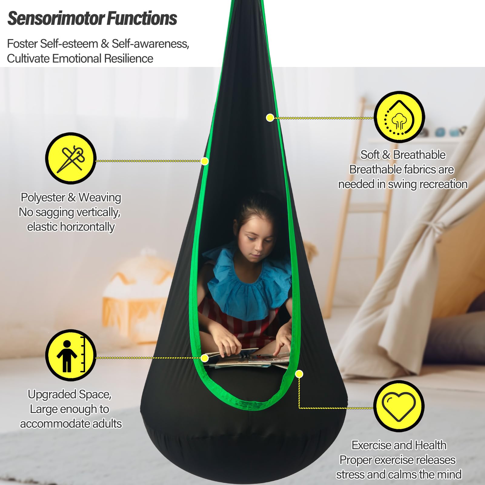 HiChrote pod swing measures 33 by 63 inches for extra space.