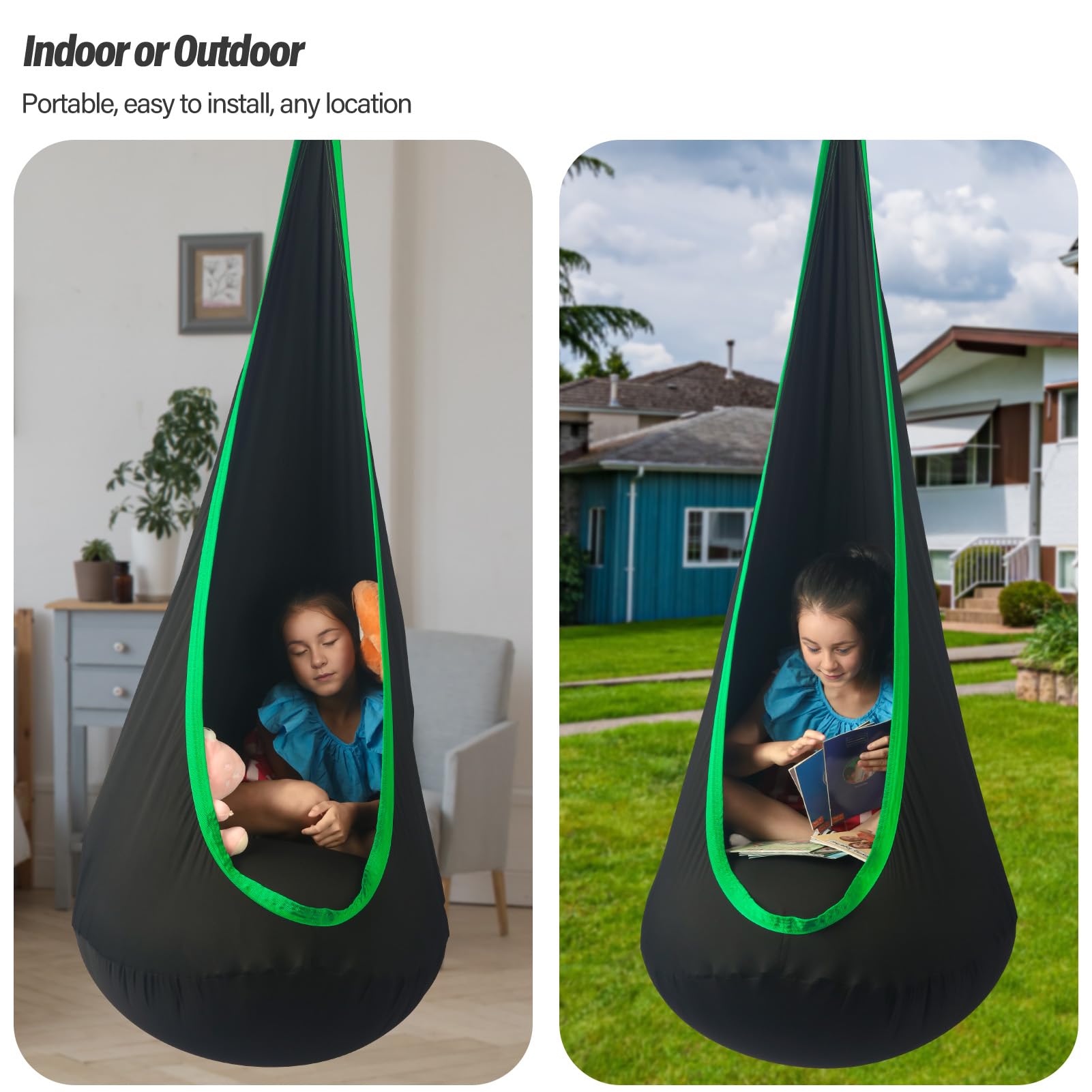 HiChrote indoor-outdoor pod swing installation is simple and quick.