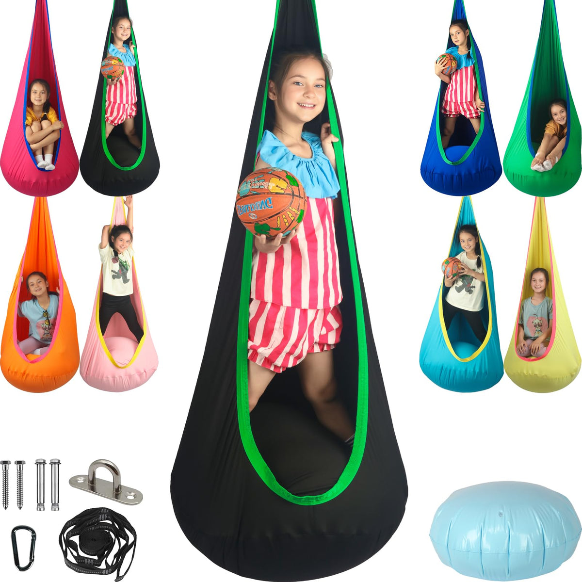 HiChrote Kids Pod Swing Seat indoor-outdoor setup for calming sensory play.