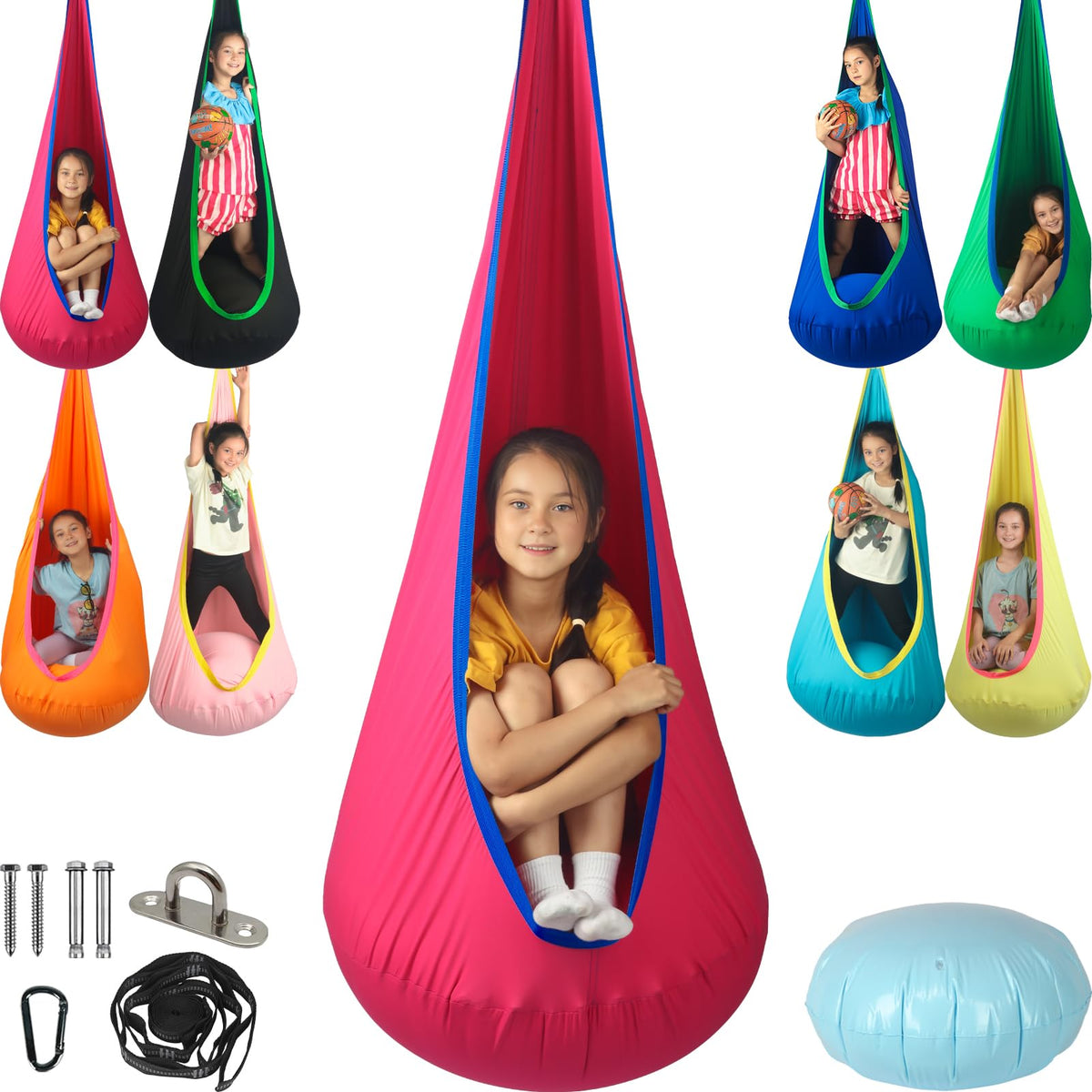 HiChrote Kids Pod Swing Seat indoors calms with vestibular input.