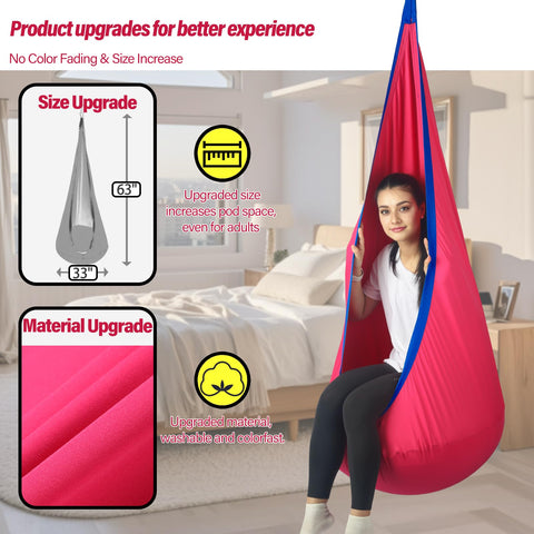HiChrote Kids Pod Swing Seat outdoors with hanger kit for easy setup.