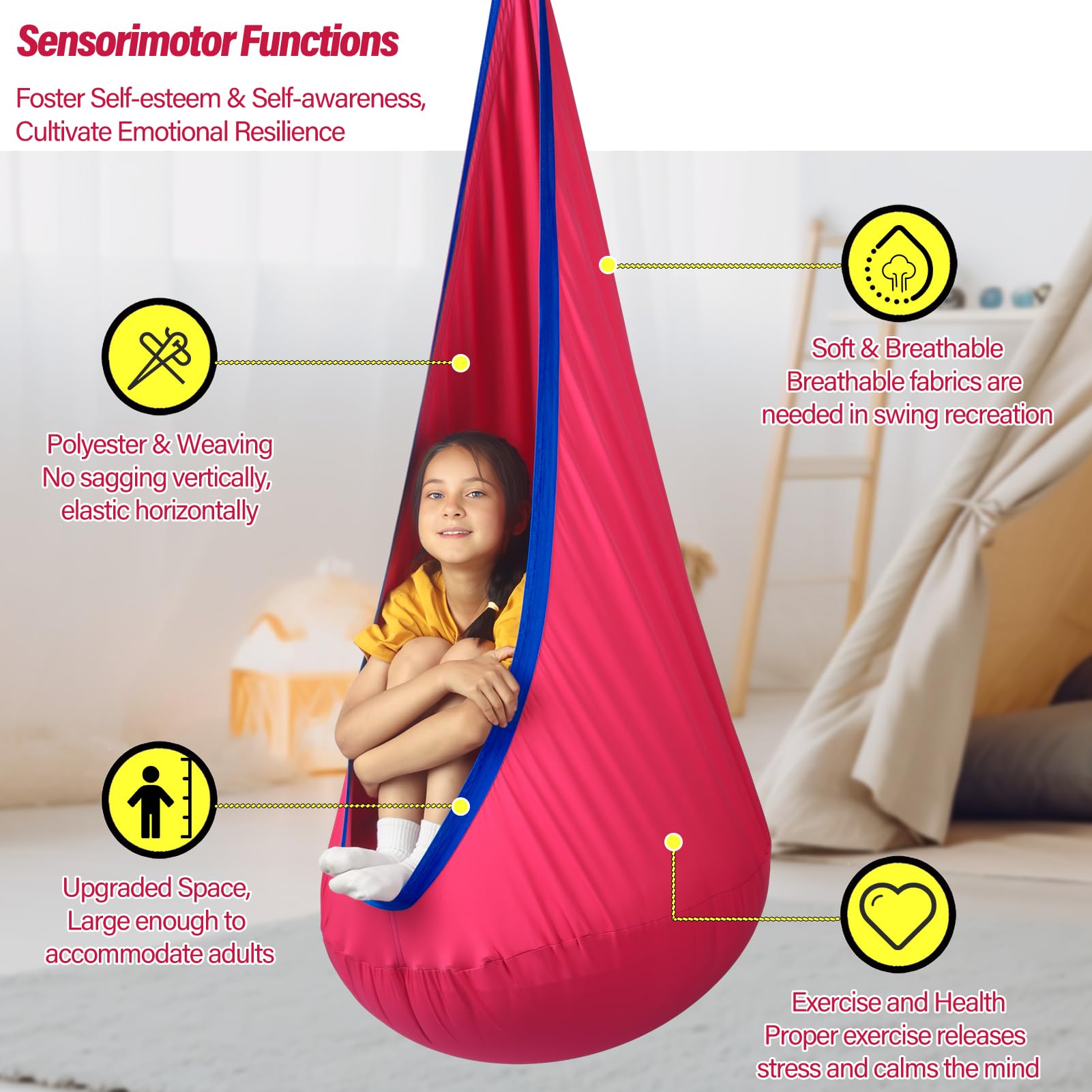 HiChrote Kids Pod Swing Seat spacious 33x63 inches for roomy seating.