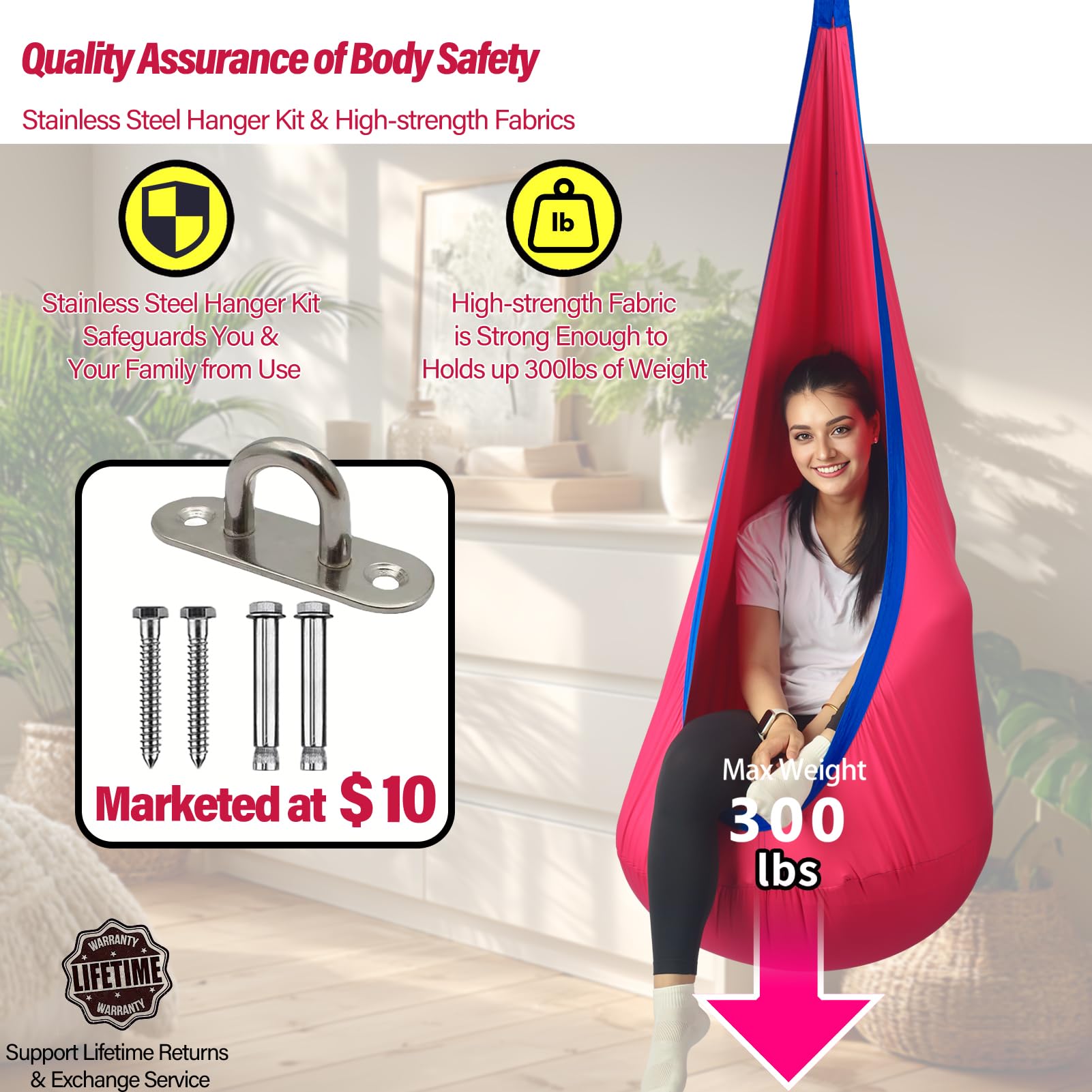 HiChrote Pod Swing Seat soft, durable fabric for long-lasting comfort.