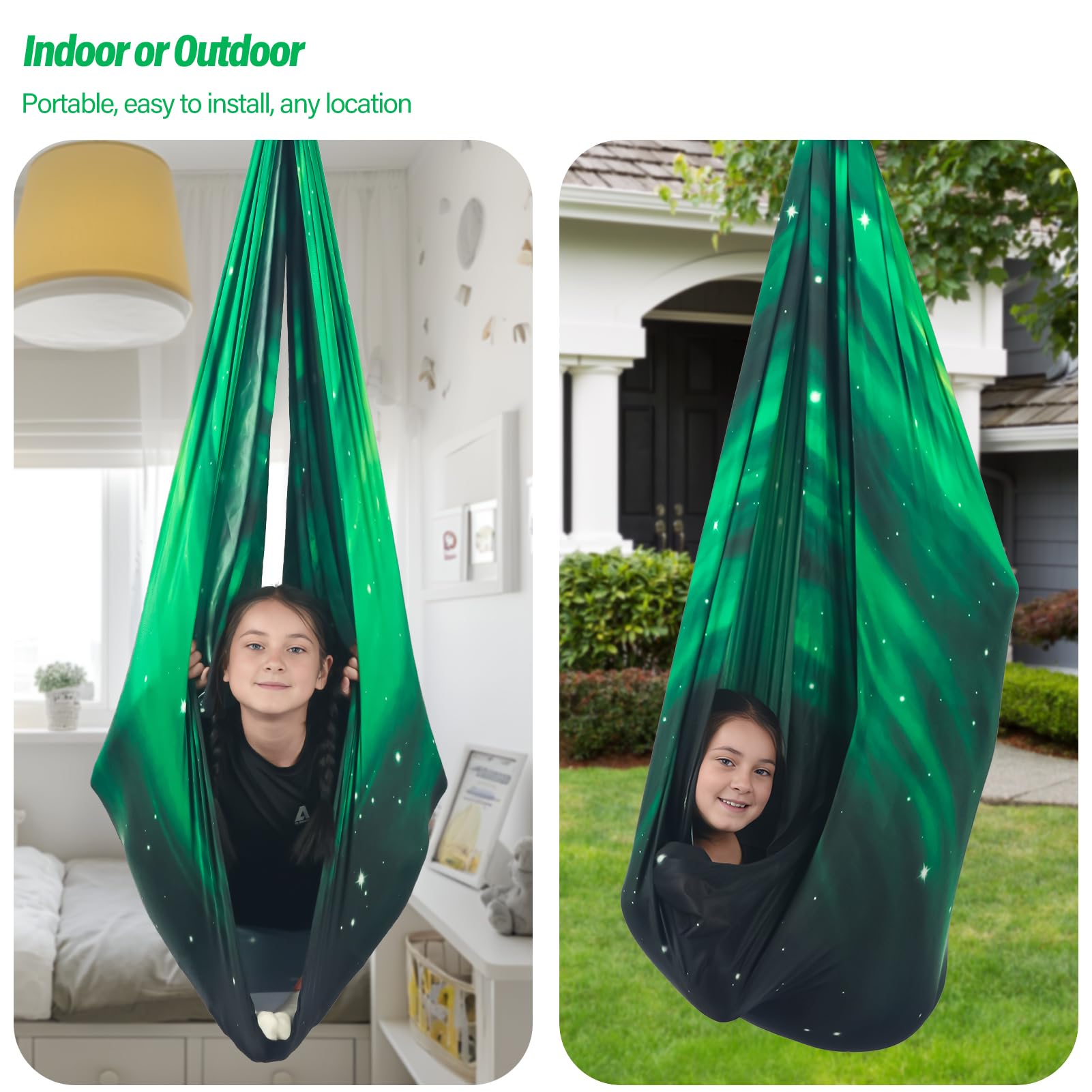 HiChrote space green sensory swing adds soothing color to play area