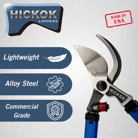 Hickok long-handle loppers with aluminum handles reduce fatigue during extended pruning.