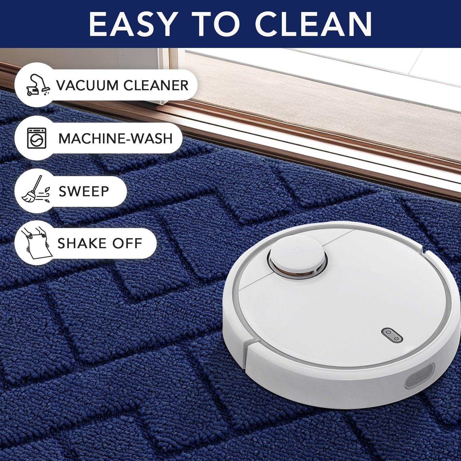 hicorfe easy-clean mat navy suitable for machine washing.