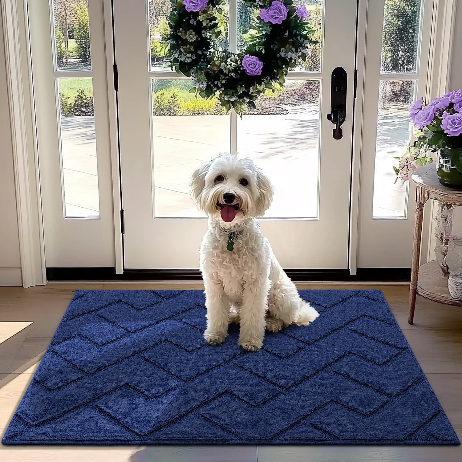 hicorfe front door mat 32x40 navy absorbs moisture to keep entry floors dry.