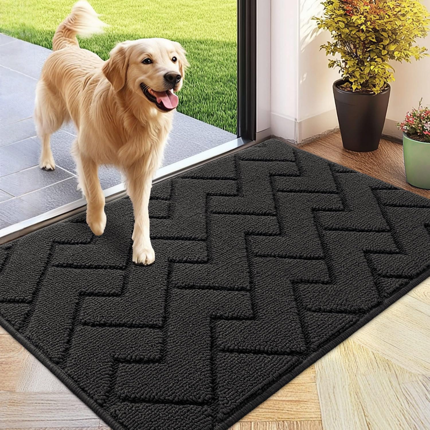 hicorfe front door mat showing absorbent dirt control for muddy footwear