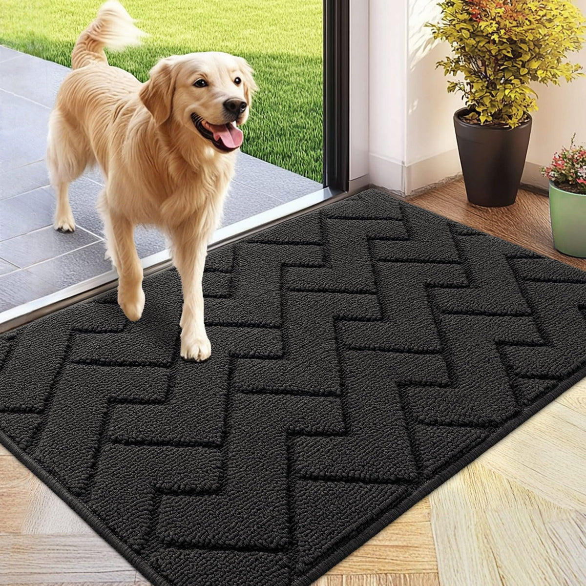 hicorfe front door mat showing absorbent dirt control for muddy footwear