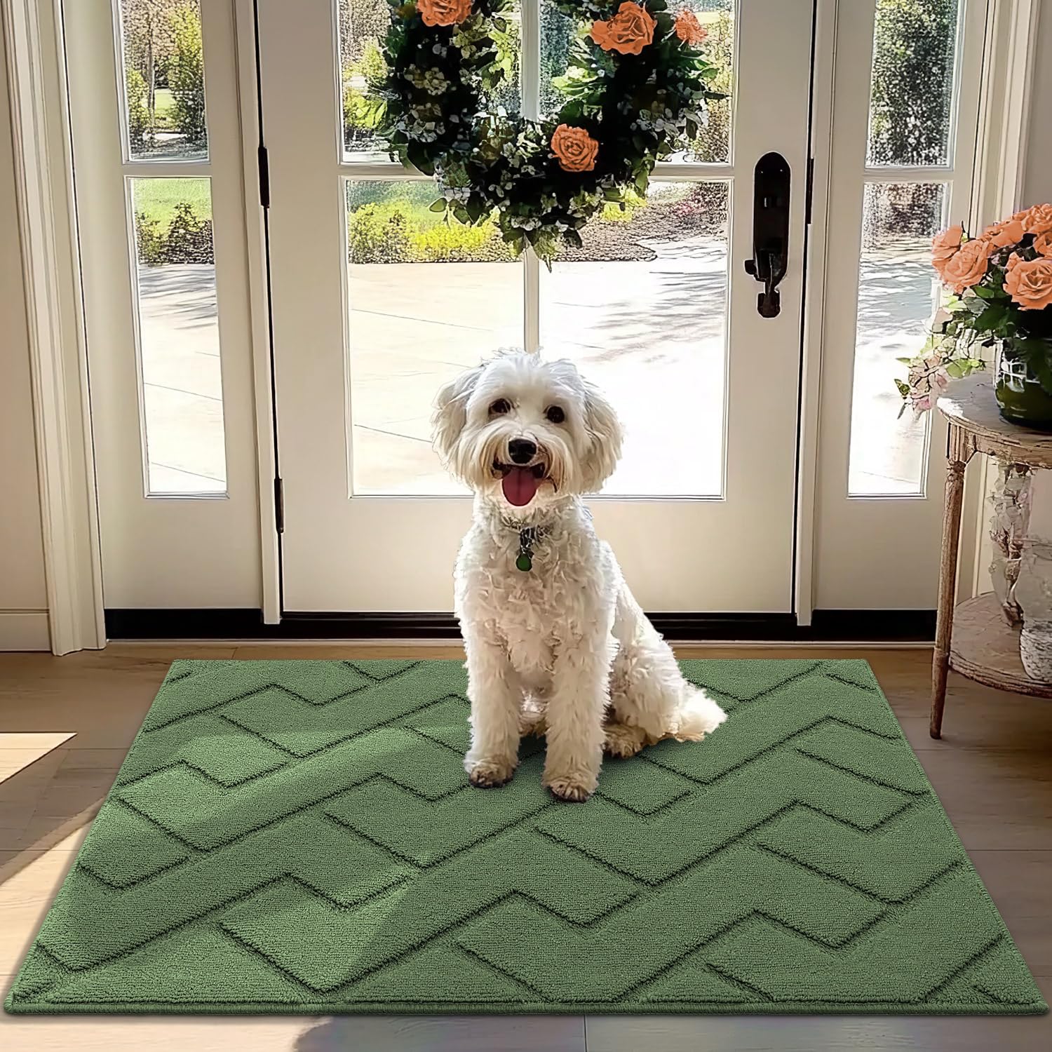 hicorfe front door mat green 32x40 for outdoor entrance absorbs moisture.