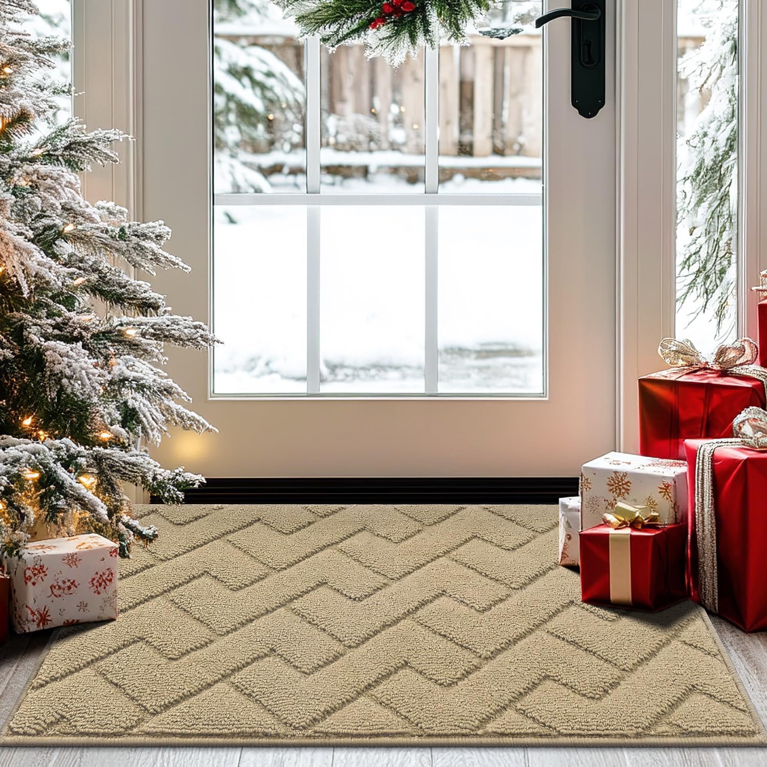 hicorfe front door mat outer view in beige, absorbing mud from shoes