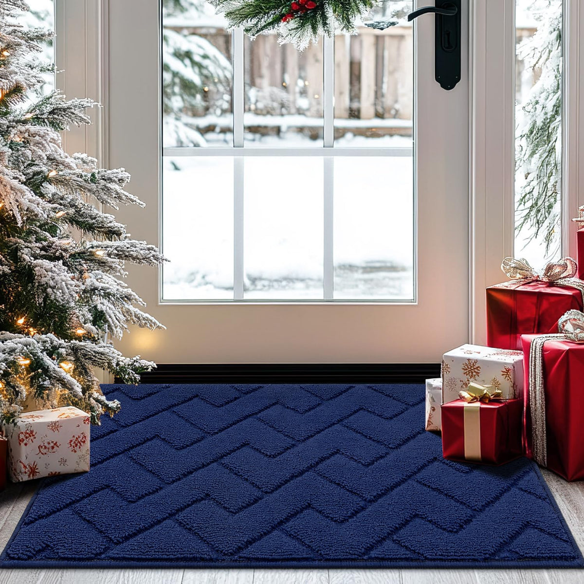 Hicorfe indoor doormat navy front view, absorbing moisture to keep floors dry