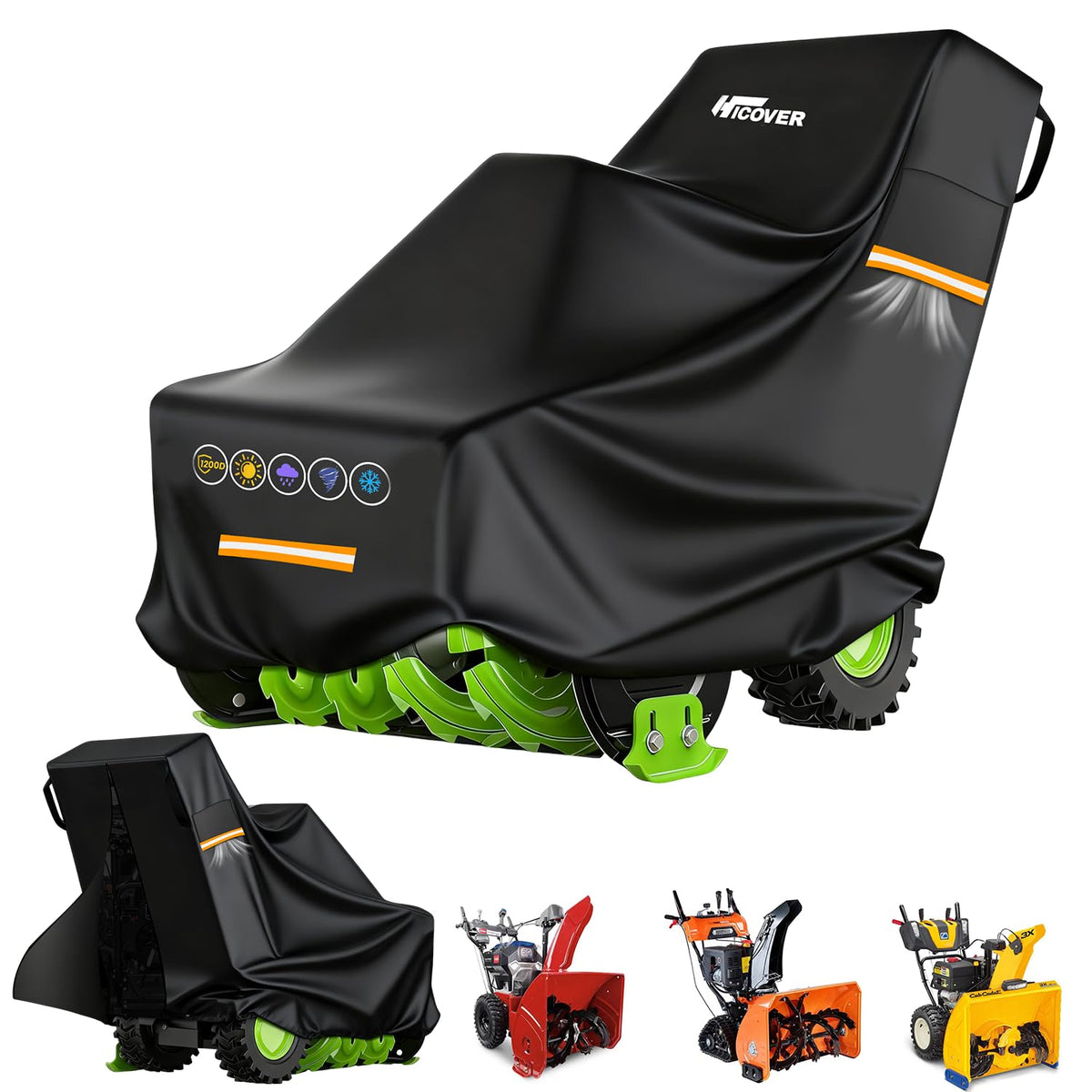 HICOVER snowblower cover front view shows universal fit and waterproof protection.