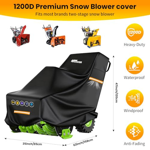 HICOVER snowblower cover side view highlights heavy-duty fabric and all-weather performance.